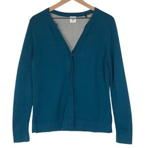 Cabi Teal Blue Cotton Blend Knit Snap Cardigan Sweater Women's‎ M Layered Mesh